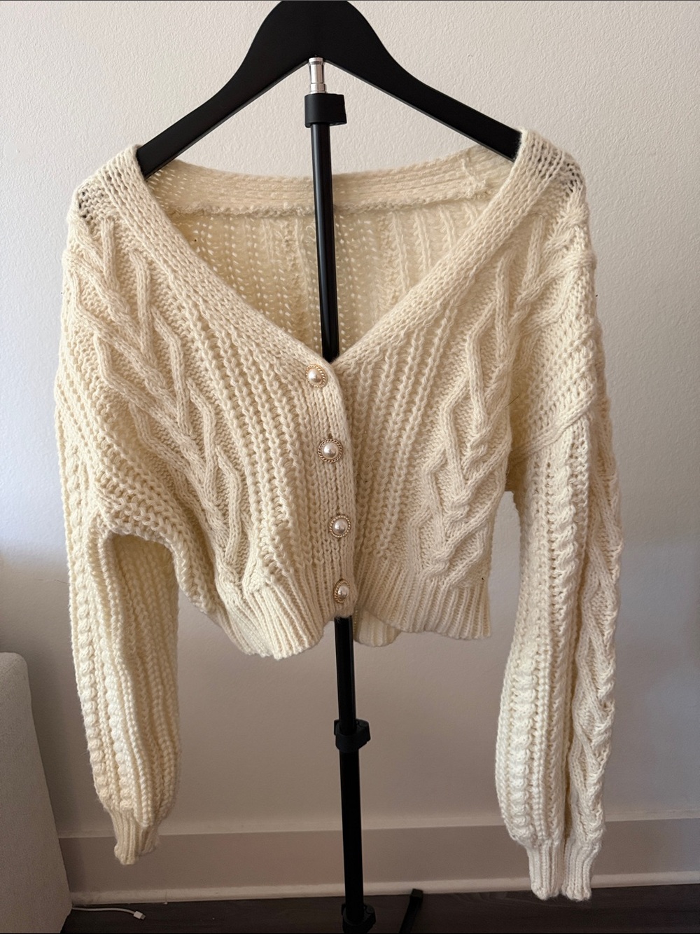 Cream Cable-Knit Button Front Sweater Cardigan